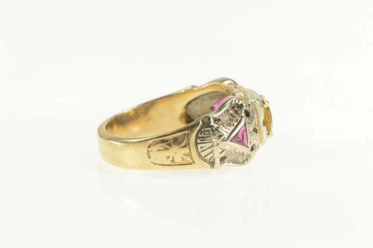 10K Yellow Gold Art Deco Masonic Citrine Syn Ruby Eagle Men's Ring