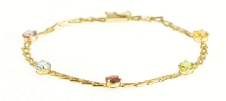 14K Yellow Gold Amethyst Topaz Citrine Triangle Link Chain Bracelet