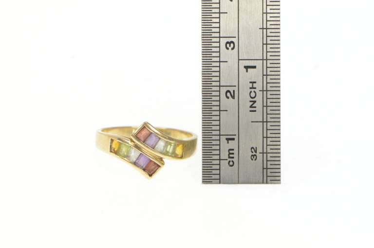 14K Yellow Gold Brazil Mix Princess Rainbow Bypass Band Ring
