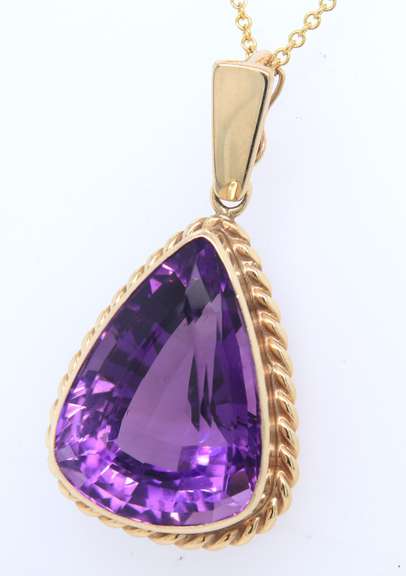 Wonderful Yellow Gold Pear Shaped Amethyst Enhancer Pendant on Chain