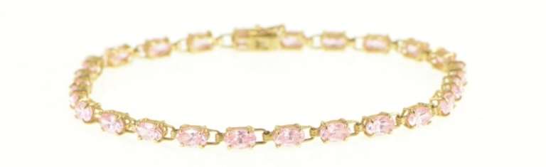 10K Yellow Gold Oval Pink Cubic Zirconia Vintage Retro Chain Bracelet