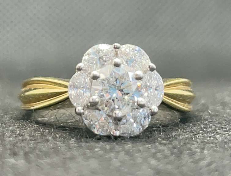 TWO TONE FLORAL CLUSTER DIAMOND ENGAGEMENT RING IN 14K SOLID YELLOW AND WHITE GOLD