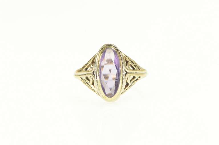 10K Yellow Gold Art Nouveau Ornate Filigree Amethyst Cocktail Ring