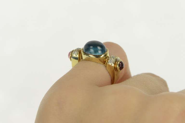 14K Yellow Gold 1930's 4.00 Ctw Blue Topaz Tourmaline Diamond Ring