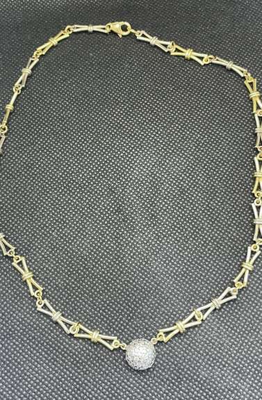 GORGEOUS 14K TWO TONE (YELLOW/WHITE) GOLD DIAMOND BALL PENDANT LINK NECKLACE