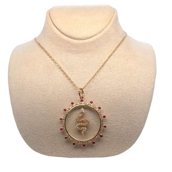 14K GOLD SNAKE CHARM NECKLACE WITH RUBIES AND DIAMONDS
