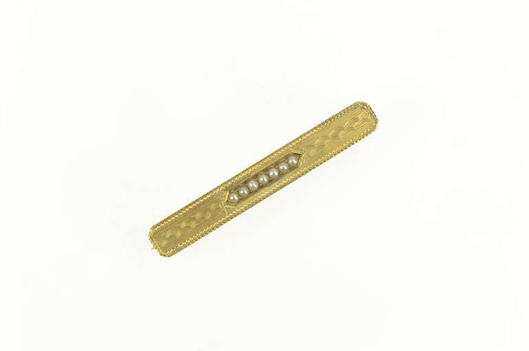 14K Yellow Gold Victorian Seed Pearl Engraved Pattern Bar Pin/Brooch