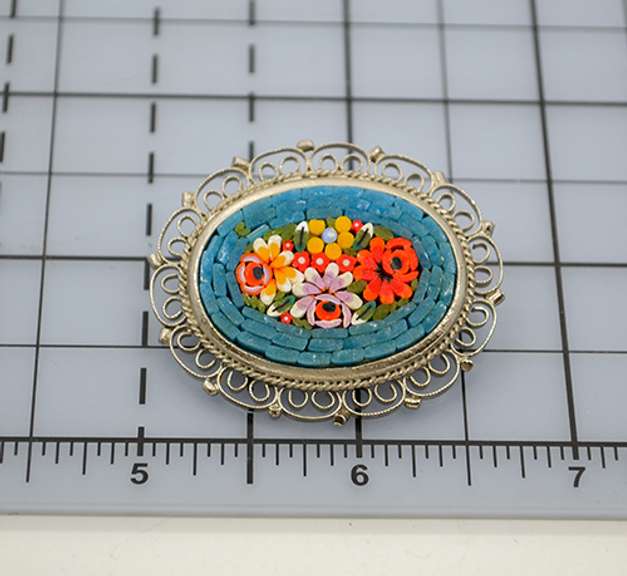 Vintage Millefiori Italian Micro Mosaic Oval Pin Brooch with Floral Design