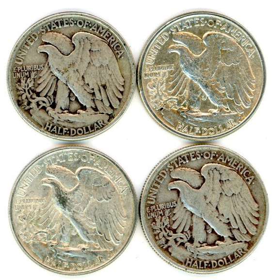 4 Different Walking Liberty Silver Half Dollars