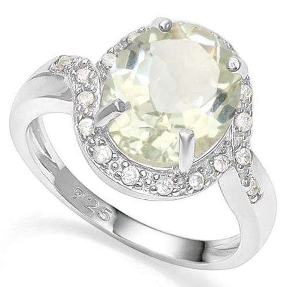 3 1/5 CT GREEN AMETHYST & CREATED WHITE SAPPHIRE SILVER RING