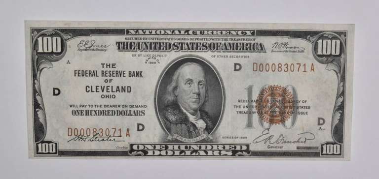 1929 $100 Cleveland, OH United States National Currency Note