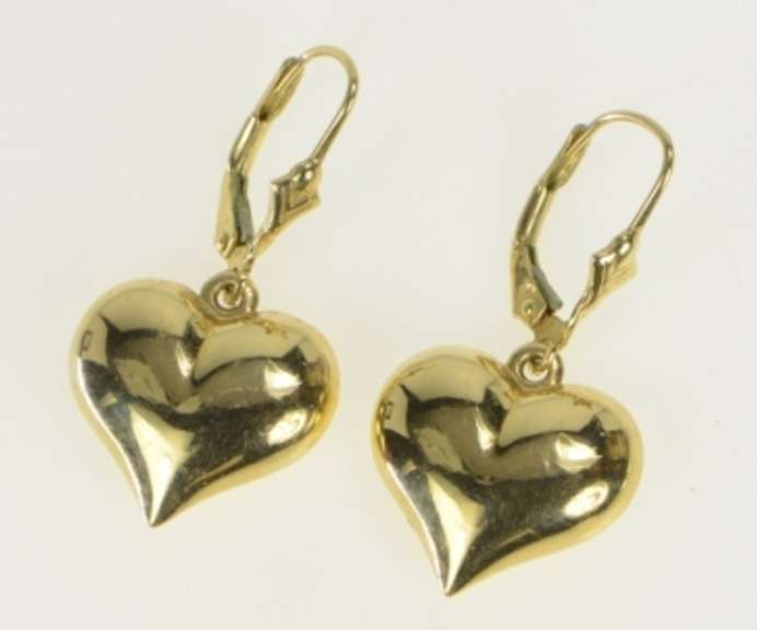 14K Yellow Gold Puffy Heart Love Symbol Dangle Vintage Earrings