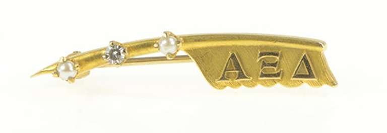 10K Yellow Gold Alpha Xi Delta Seed Pearl Diamond Bar Pin/Brooch