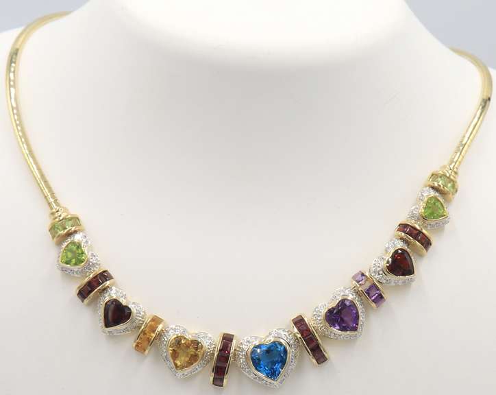 Eyecatching Yellow Gold Multi Color Gemstone Heart Shaped Necklace