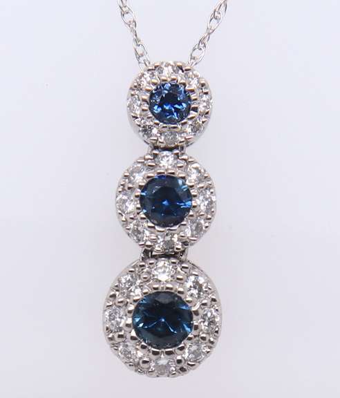 Favorite White Gold 3 Stone Sapphire and Diamond Pendant on Chain