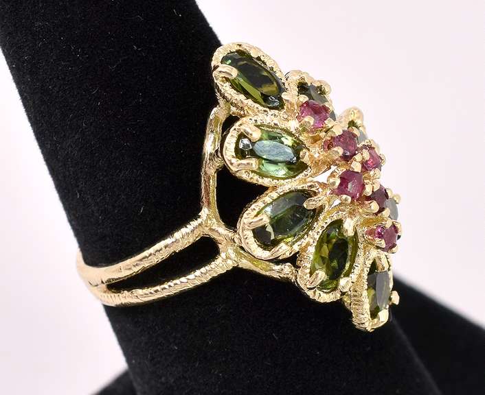 Fascinating Ruby And Green Tourmaline Ring In 14K Yellow Gold