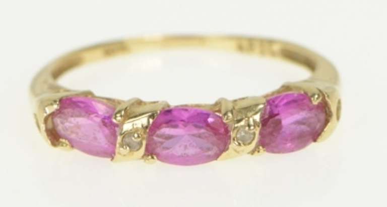 10K Yellow Gold Oval Pink Sapphire Diamond Accent Band Ring