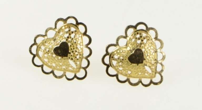 14K Yellow Gold Heart Scalloped Filigree Love Symbol Stud Earrings