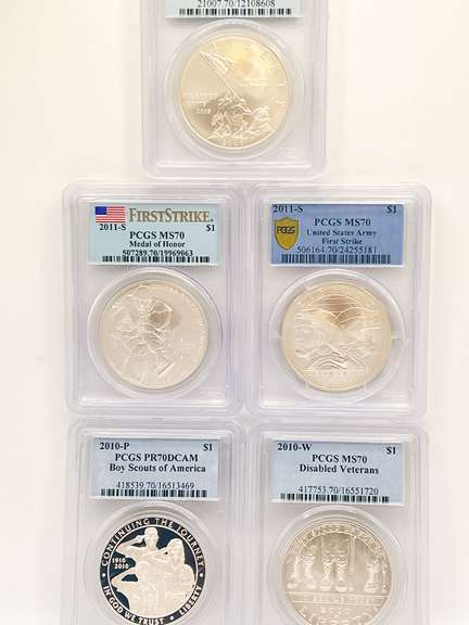 5 one silver dollar certified