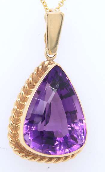 Wonderful Yellow Gold Pear Shaped Amethyst Enhancer Pendant on Chain