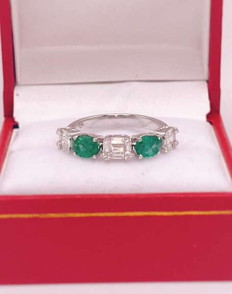 18kt Solid White Gold, Emerald, & Diamond Band Ring