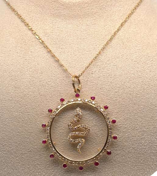 14K GOLD SNAKE CHARM NECKLACE WITH RUBIES AND DIAMONDS