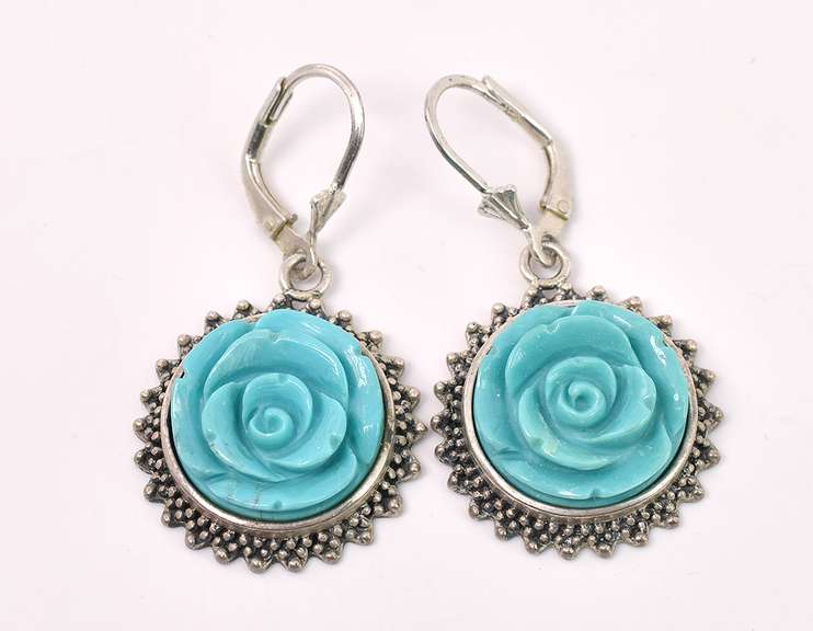 Blue Turquoise Flower Earrings In Sterling Silver