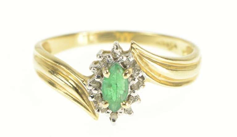 14K Yellow Gold Marquise Emerald Diamond Halo Bypass Ring