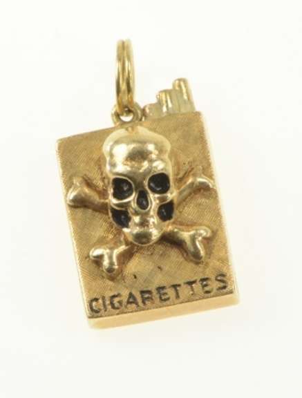 14K Yellow Gold Retro 3D Skull Crossbones Cigarette Pack Charm/Pendant