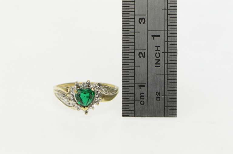 10K Yellow Gold Heart Syn. Emerald Diamond Halo Bypass Ring