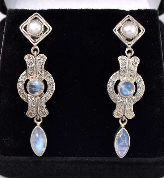 Pearl And Moonstone Dangle Earrings In Sterling Silver