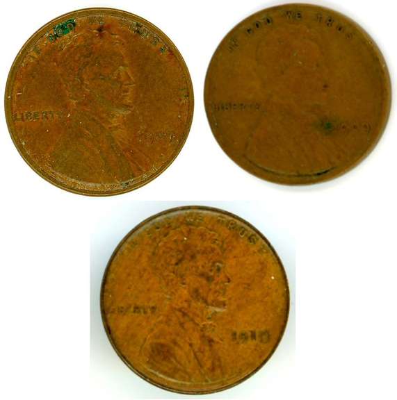 Three Early Date Lincoln Wheat Cents: 2 1909 V.D.B. & 1 1910.