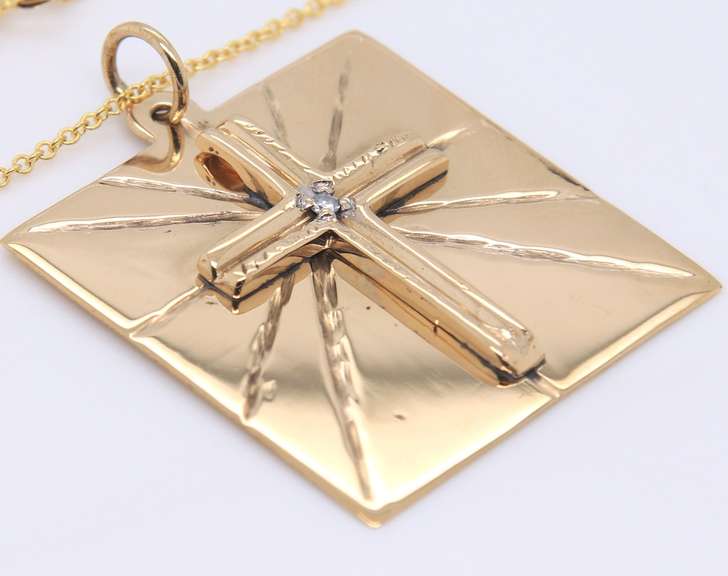 Charming Yellow Gold Square Diamond Cross Pendant on Chain