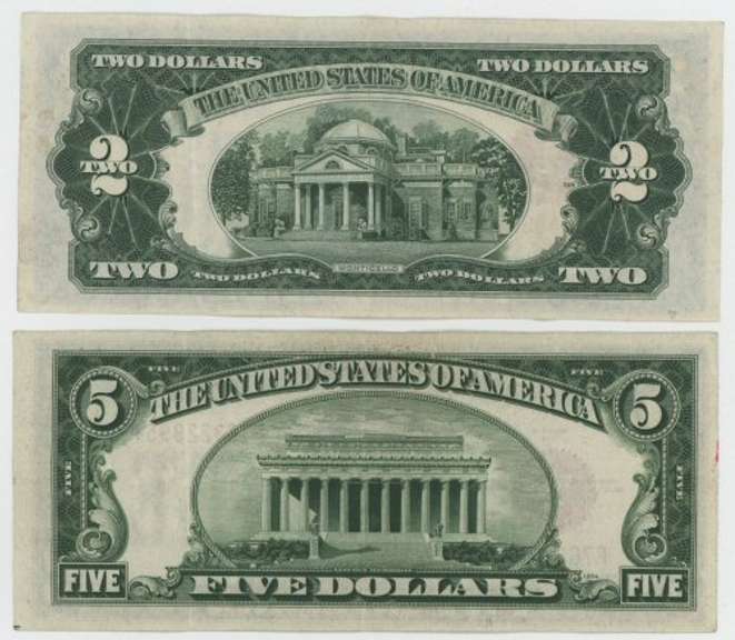 Very nice 1928 $2 Red Seal and 1928 $5 Red Seal Notes