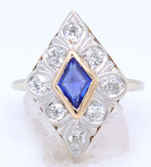Antique White Gold Synthetic Blue Sapphire and Euro Cut Diamond Ring