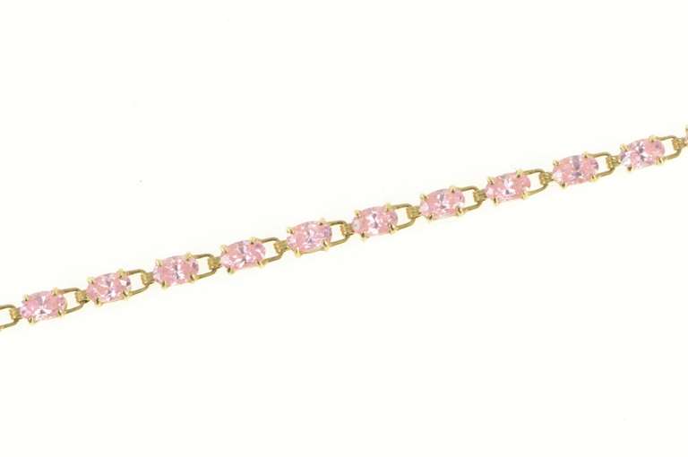 10K Yellow Gold Oval Pink Cubic Zirconia Vintage Retro Chain Bracelet
