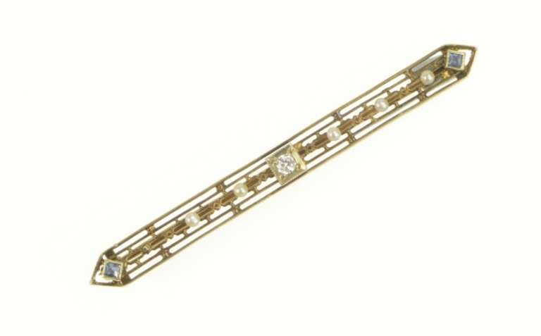 14K Yellow Gold Deco Diamond Pearl Filigree Syn Sapphire Pin/Brooch
