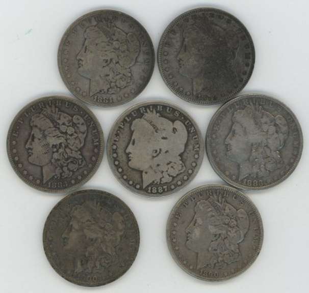 7 Different old Morgan Silver Dollars 1879 to 1900-O