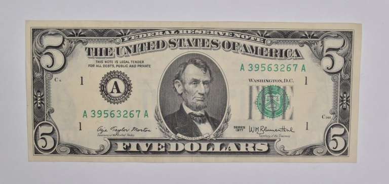 1977 $5 Boston, MA United States FRN Green Seal OFFSET REV ERROR