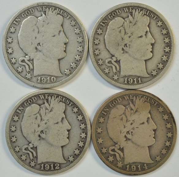 Run of 4 Different Barber Half Dollars 1910 to 1914-S