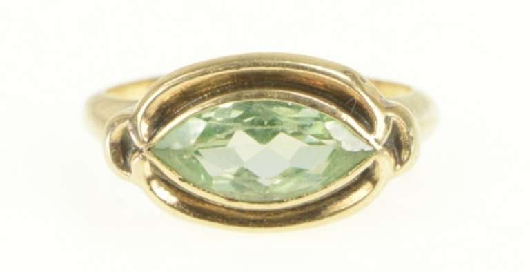 10K Yellow Gold Art Deco Men's Lime Quartz Marquise Ornate Ring