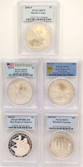 5 one silver dollar certified