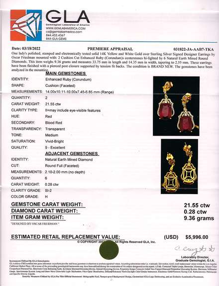 Amazing 21.55CTW Ruby & 0.28CTW Diamond Earrings in Gold Plated Sterling Silver