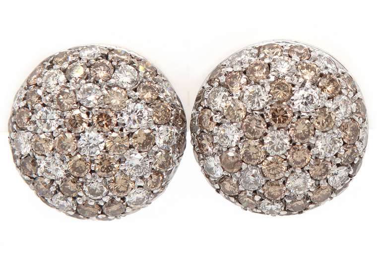 Handsome 1.00ctw Brown and White Diamond Cluster Button Earrings in 18K