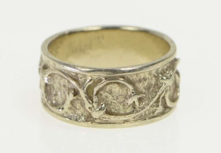 14K White Gold 8.3mm Handmade Ornate Scrollwork Pattern Band Ring