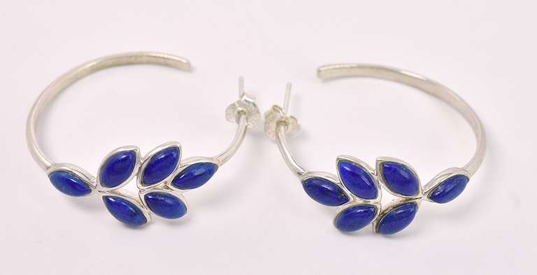 Blue Leaf Hoop Earrings In Sterling Silver
