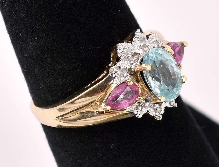 Amazing Blue Topaz and Pink Tourmaline Ring In 14K Yellow Gold