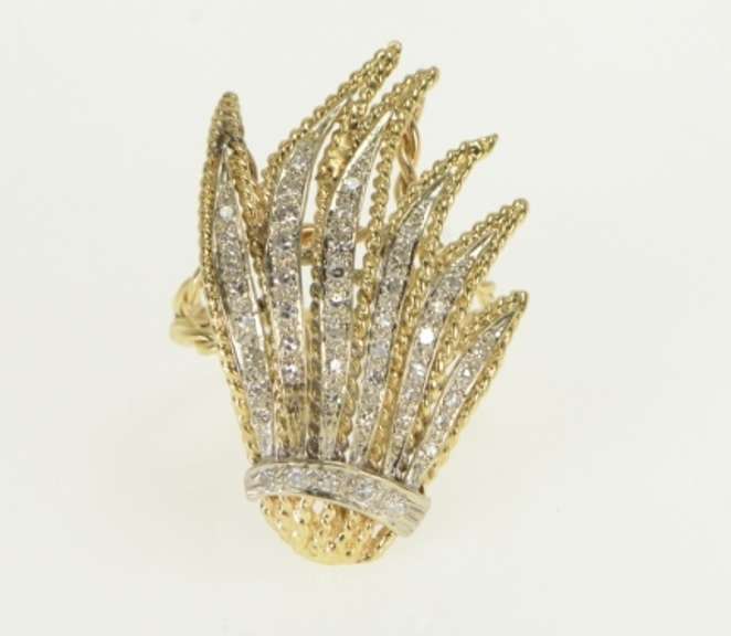 14K Yellow Gold 1940's White Sapphire Fanned Leaf Cluster Ring