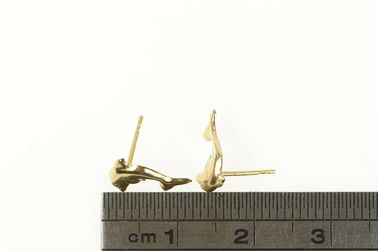14K Yellow Gold High Relief Dolphin Ocean Animal Stud Earrings