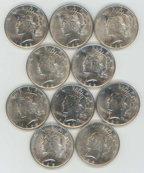 10 Flashy AU to BU Peace Silver Dollars 1922 to 1925